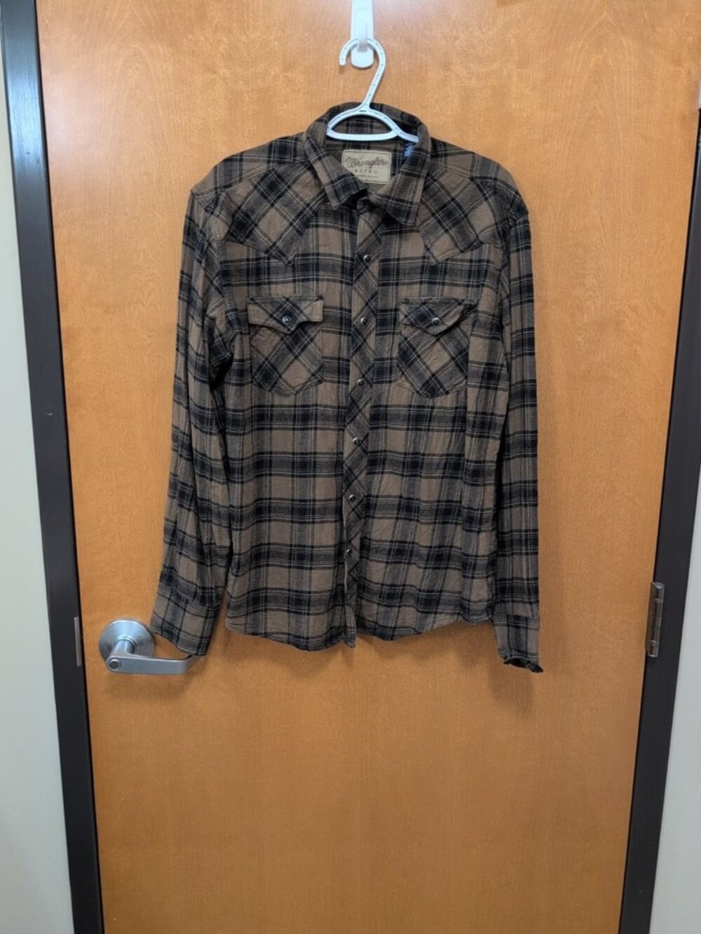 Wrangler Retro Shirt Mens L Brown Black Long Sleeve Pearl Snap Plaid Western